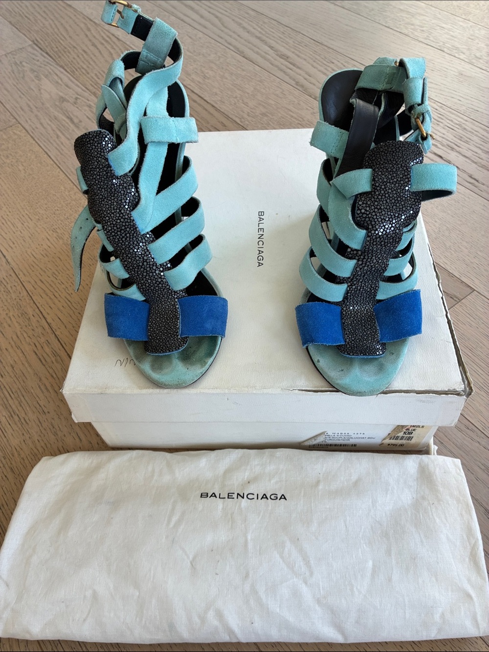 Balenciaga Women's Turquoise and Cobalt Strappy Suede wedges